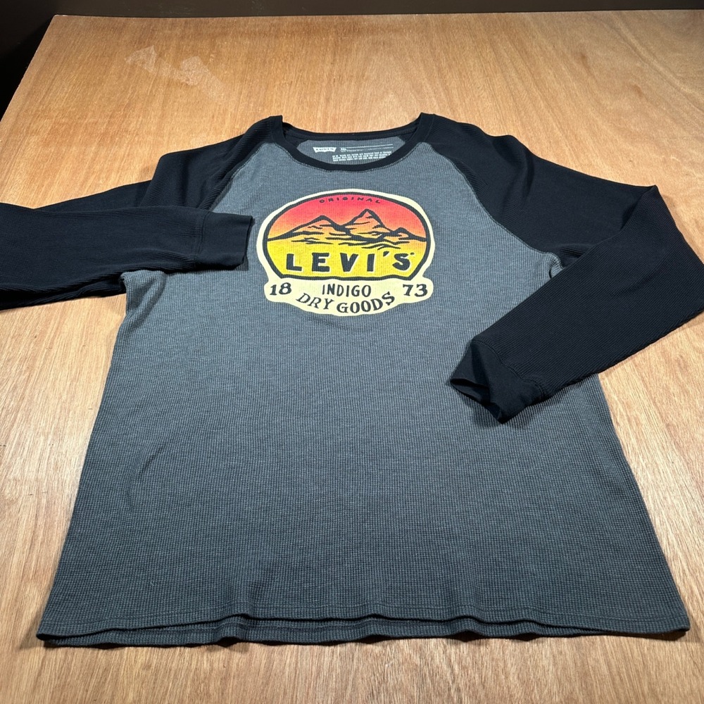 Levi's Thermal Shirt Mens XXL Grey Black Indigo Dry Goods Waffle Knit Raglan